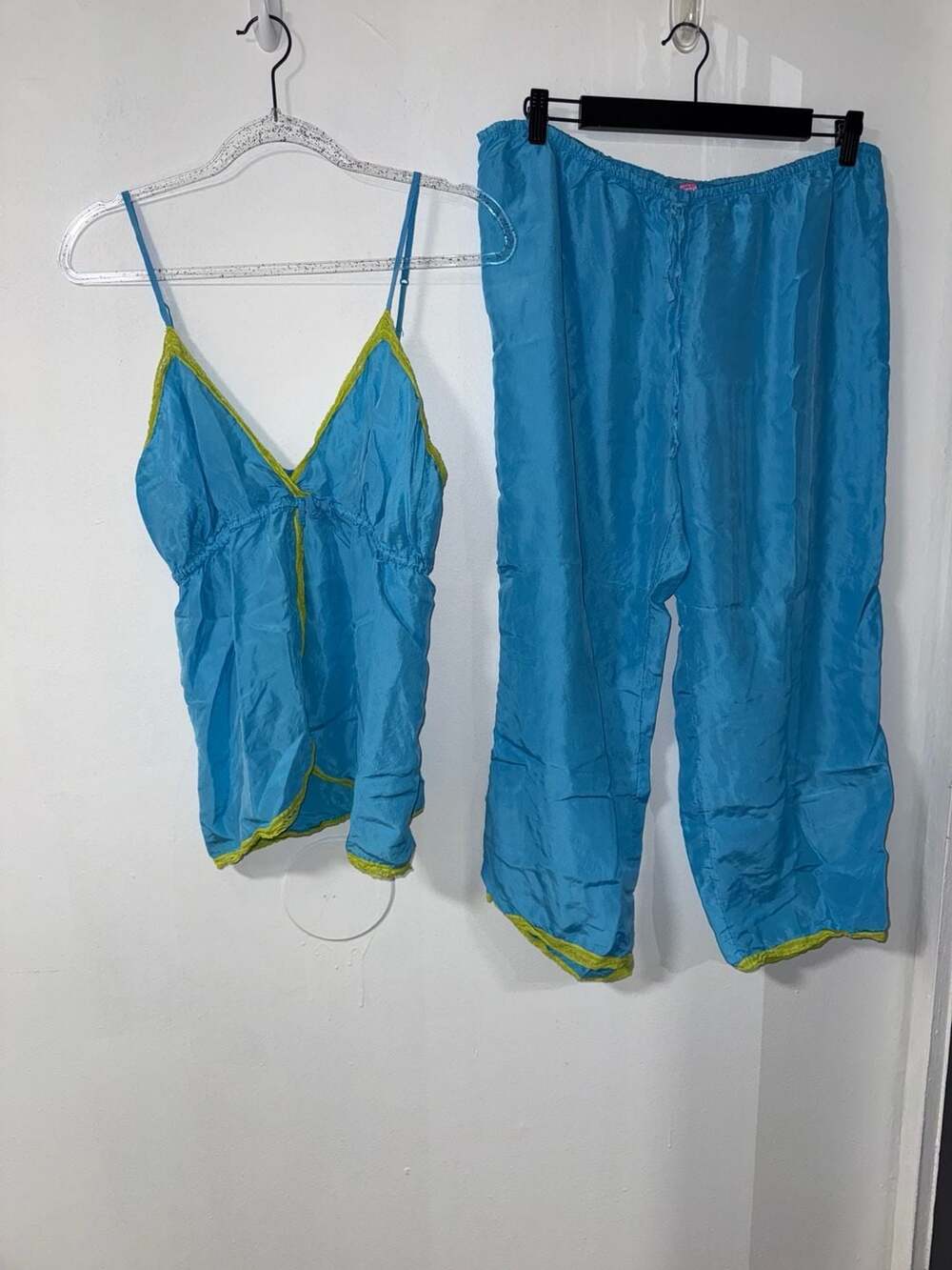 Y2K Victoria's Secret Pink 100% Silk Blue and Green Trim Camisole and Pant Loung